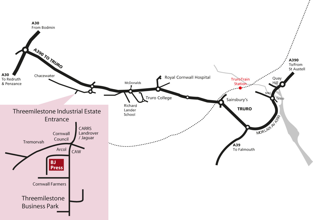 Directions to BJ Press in Truro, Cornwall.